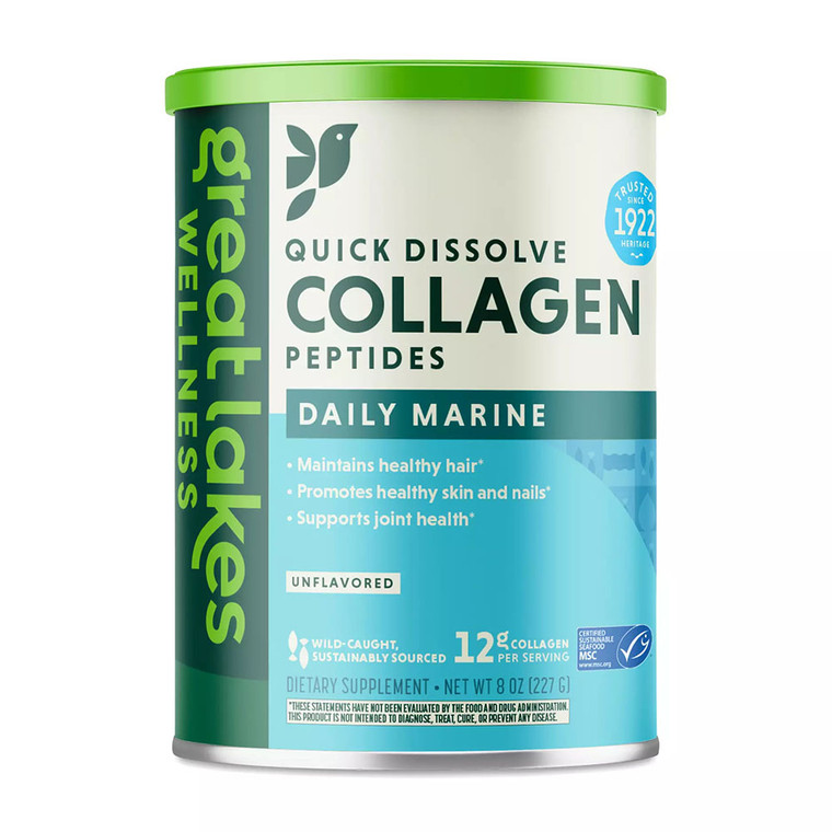 Great Lakes Wellness Daily Marine Collagen Peptides, Healthy Skin, Hair, Nail and Joints, Unflavored, 8 Oz