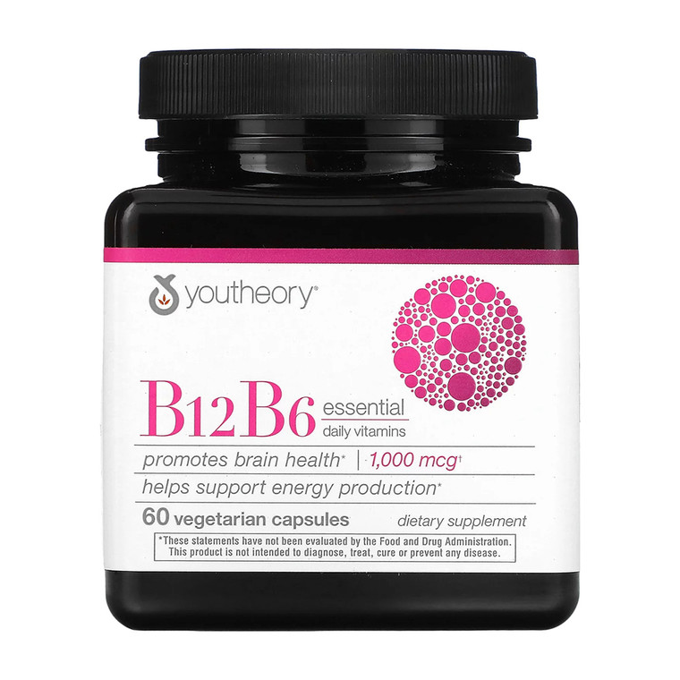 Youtheory Vitamin B12 B6, Daily Energy and Brain Support Supplement, Vegetarian Capsules, 60 Ea