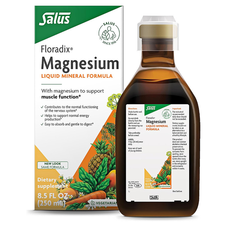 Floradix Magnesium Liquid Herbal and Mineral Supplement for Bone Health and Muscle Function Support 8.5Oz (250ml)