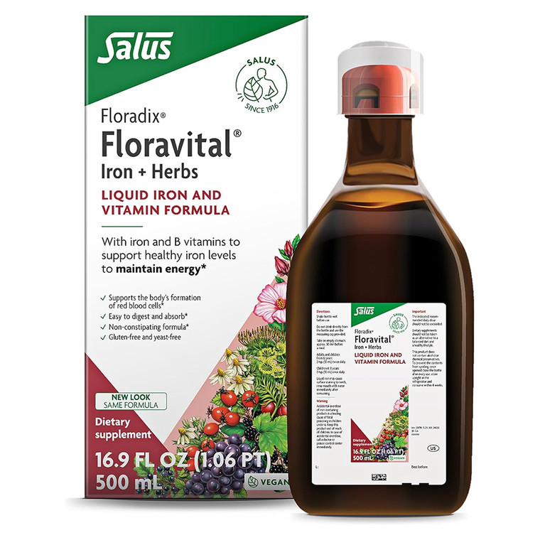 Floradix Floravital Iron and Herbs Liquid Iron and Vitamin Formula for Energy Support 16.9Oz (500ml)