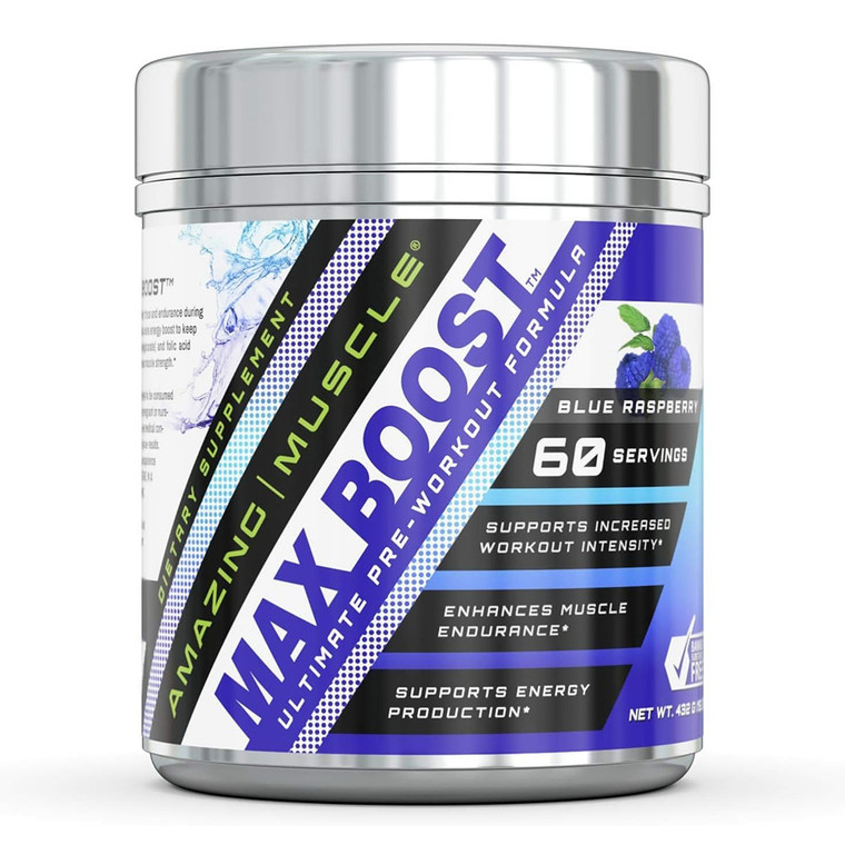 Amazing Muscle Max Boost Pre-Workout Blue Raspberry Energy and Focus Formula 15.23Oz (432g)