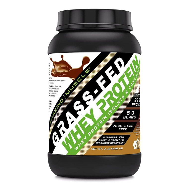 Amazing Nutrition Amazing Muscle Grass FED Whey Protein Supports Muscle Growth, Chocolate, 32 Oz