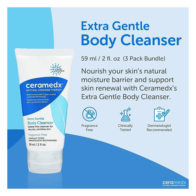 Ceramedx Extra Gentle Body Wash Cleanser for Sensitive Skin, Fragrance Free, 2 Oz