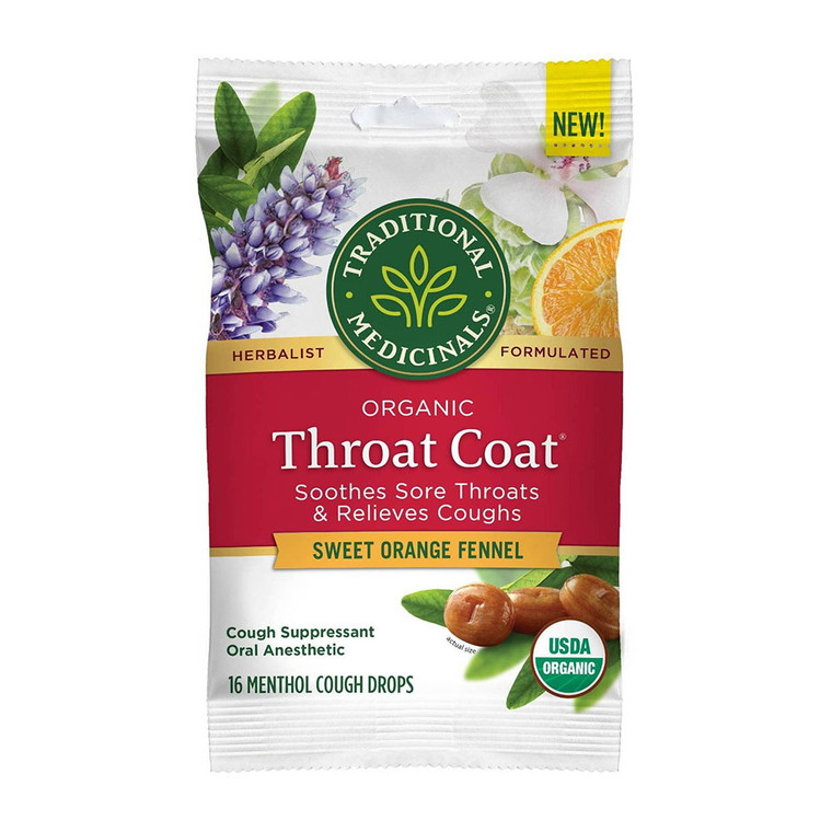 Traditional Medicinals Organic Throat Coat Cough Drops, Sweet Orange, 16 Ea