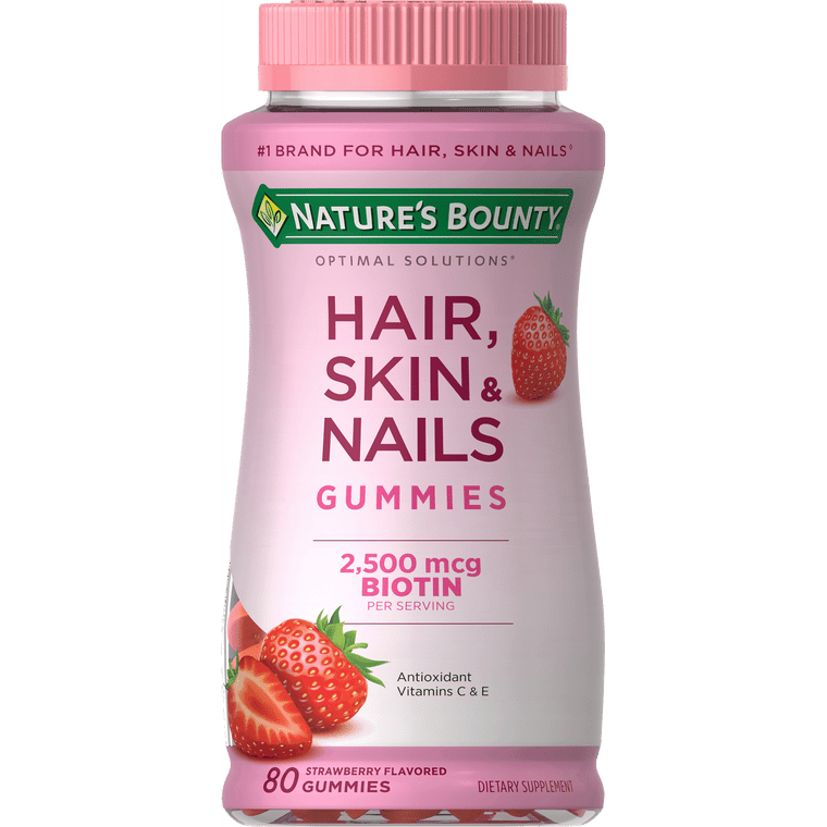 Natures Bounty Hair Skin and Nails Gummies with 2500 mcg Biotin Strawberry Flavor 80Ea