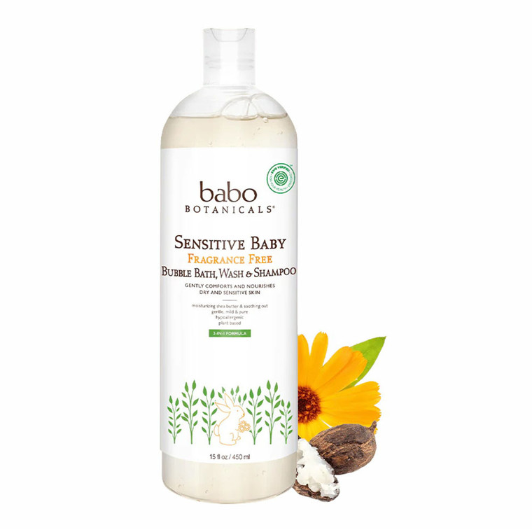 Babo Botanicals Sensitive Baby Fragrance Free Bubble Bath Wash and Shampoo, 15 Oz