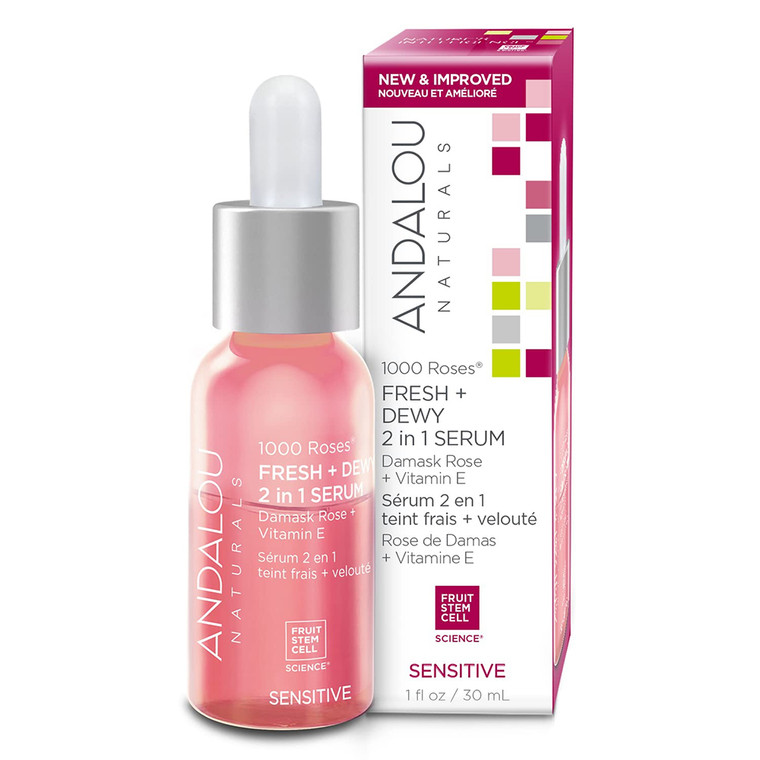 Andalou Naturals 1000 Roses Fresh and Dewy 2 in 1 Serum with Vitamin E for Healthy Glowing Complexion 1Oz (30ml)