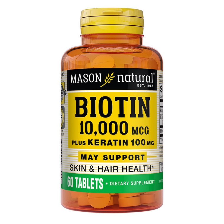 Mason Natural Biotin 10000 MCG Plus Keratin 100mg Tablets Support Healthy Hair Skin and Nails 60Ea