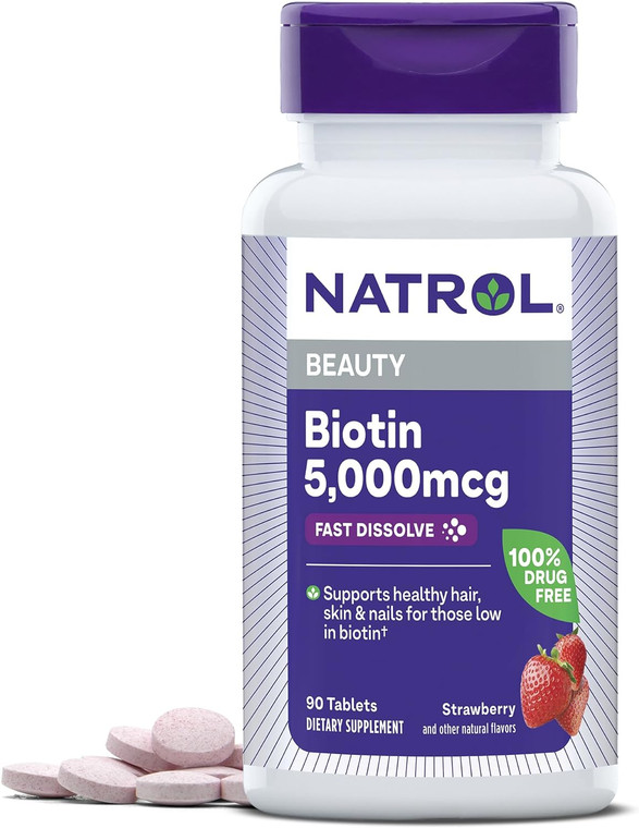 Natrol Biotin Beauty 5000mcg Fast Dissolve, Strawberry Flavor, 90 Ea