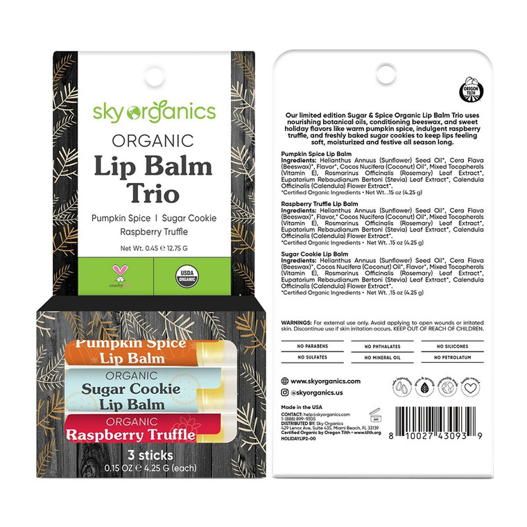 Sky Organics Organic Lip Balm Trio, Pumpkin, Sugar and Raspberry, 3 Ea