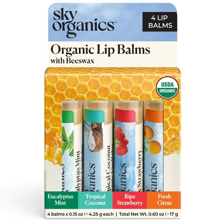 Sky Organics Organic Lip Balms with Beeswax for Smooth and Soft, 4 Ea