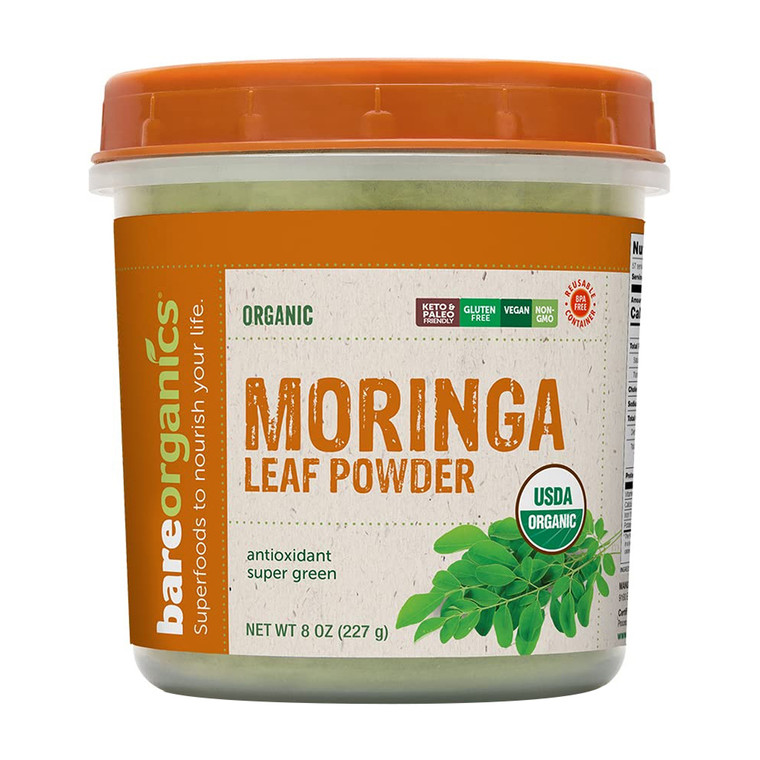 BareOrganics Moringa Leaf Powder for Antioxidant, 8 Oz