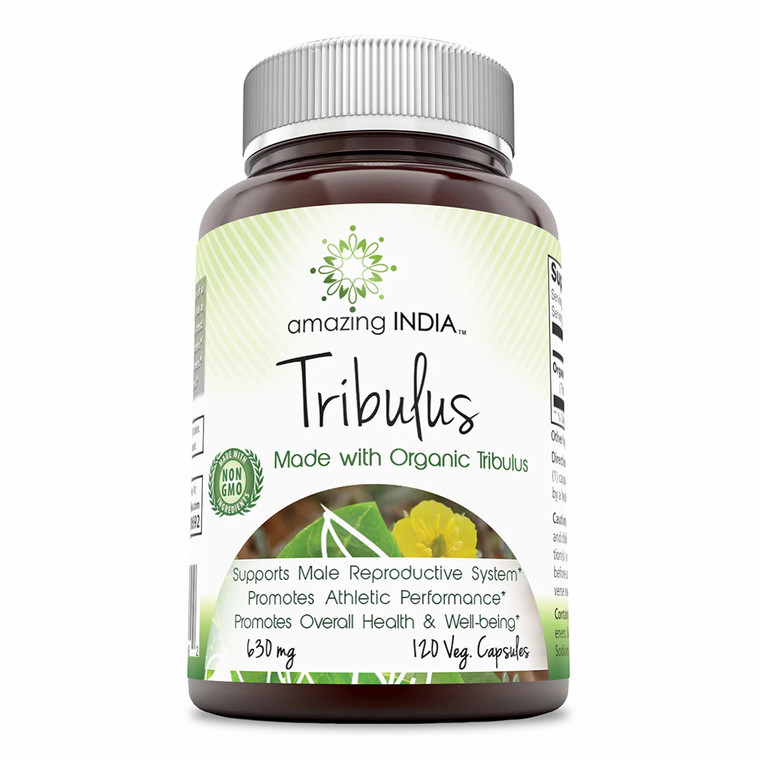 Amazing India Organic Tribulus 630 mg Capsules for Mens Reproductive Health, 120 Ea