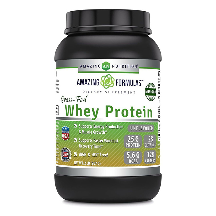 Amazing Formulas Grass-Fed Whey Protein Unflavored Muscle Growth and Recovery Support 2Lb (907g)