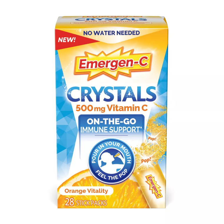 Emergen C Crystals 500 MgOn The Go Immunity Vitamins, Orange Vitality, 28 Ea