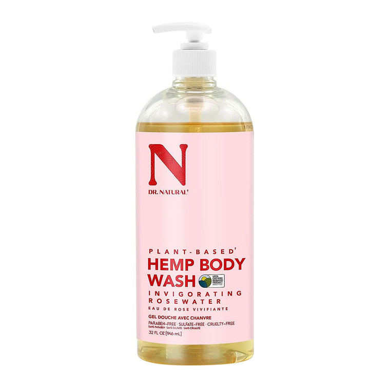 Dr Natural Pure Hemp Body Wash with Rosewater Deep Cleanse Effectively Reducing Acne and Oily Skin Sulfate and Paraben Free 32Oz (946ml)