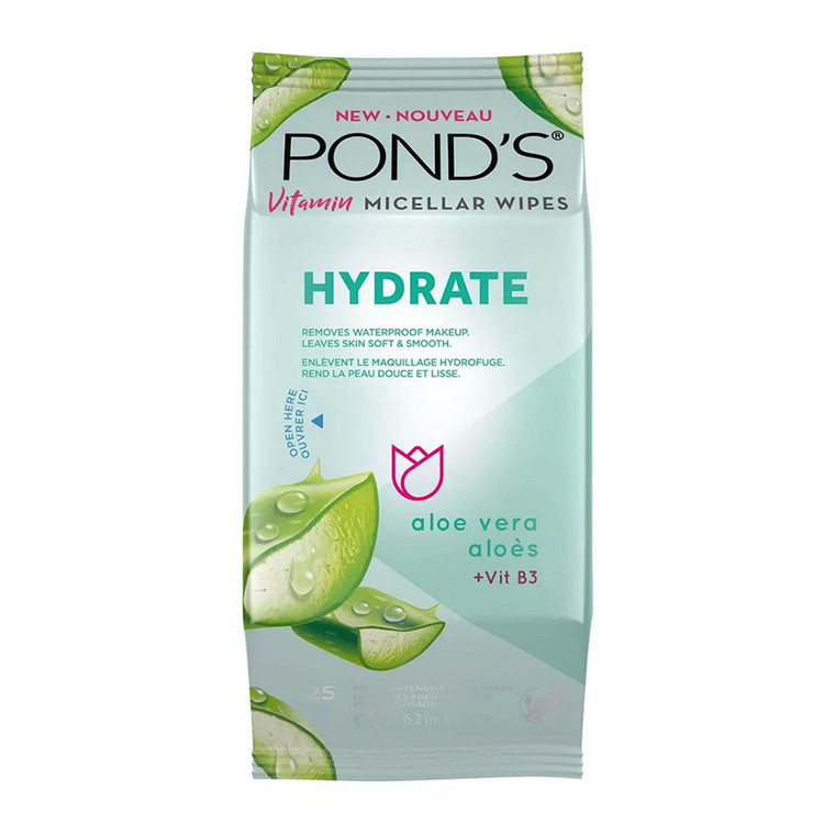 Ponds Hydrate Vitamin Micellar Facial Wipe, Aloe Vera, 25 Ea