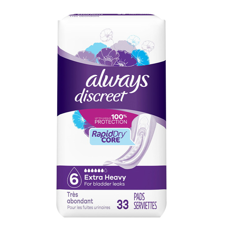 Always Discreet Extra Heavy Pads Regular Length for Bladder Leak Protection and Comfort 33Ea, Pack of 2