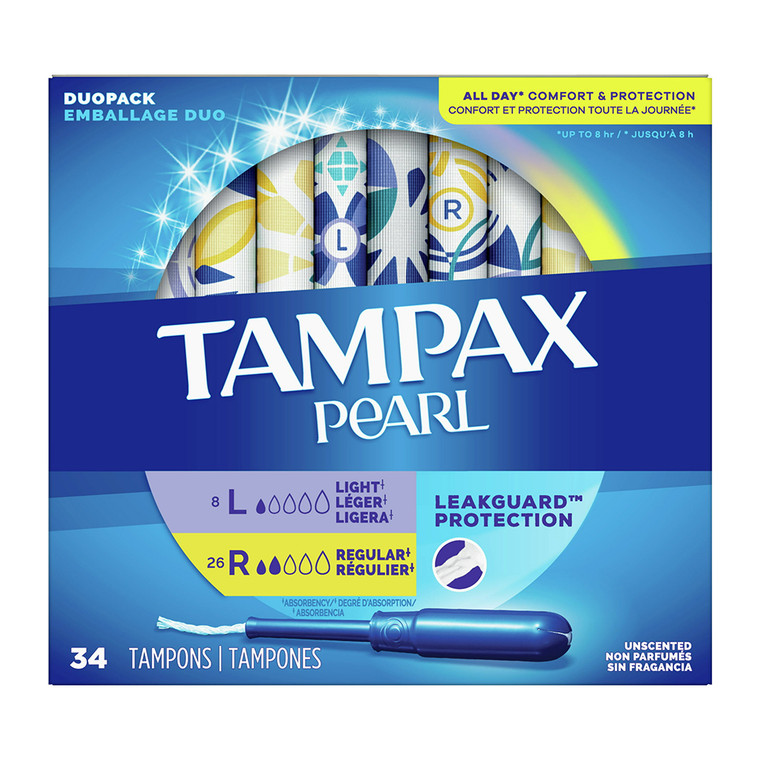 Tampax Pearl Tampons Duo Pack Light And Regular Absorbency, Unscented, 34 Ea