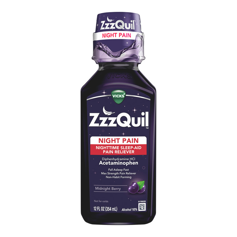 Vicks ZzzQuil Night Time Sleep Aid Pain Reliever Syrupm, Midnight Berry Flavored, 12 Oz