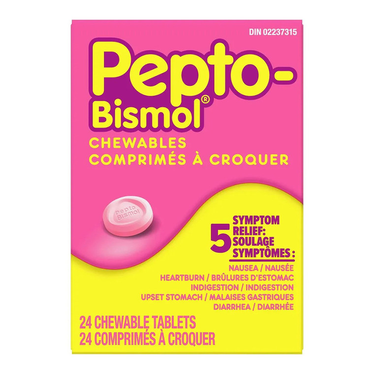 Pepto Bismol 5 Symptoms Digestive Relief Chewable Tablets, 24 Ea