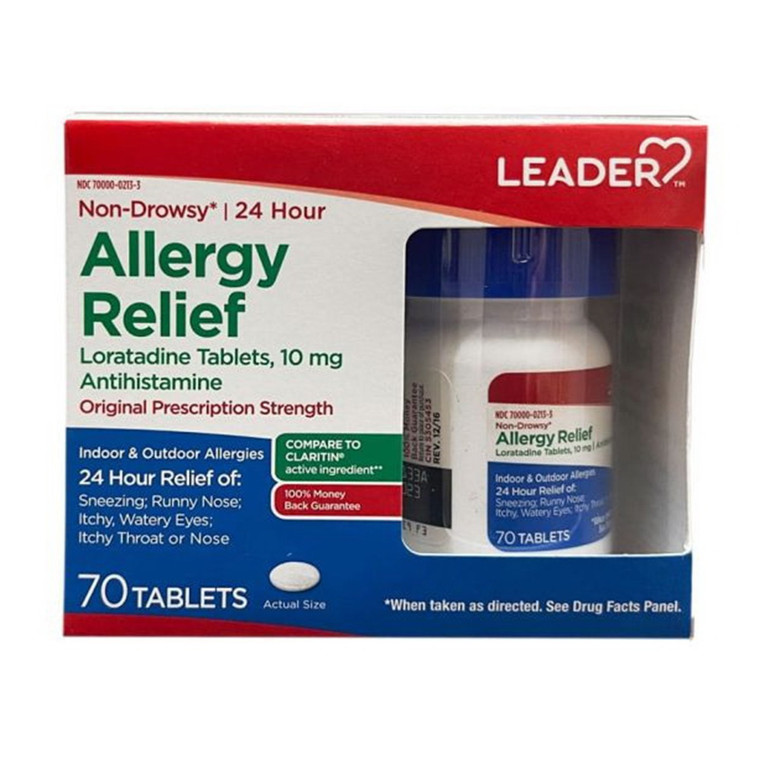 Leader 24 Hour Loratadine Allergy Relief Tablets, 70 Ea
