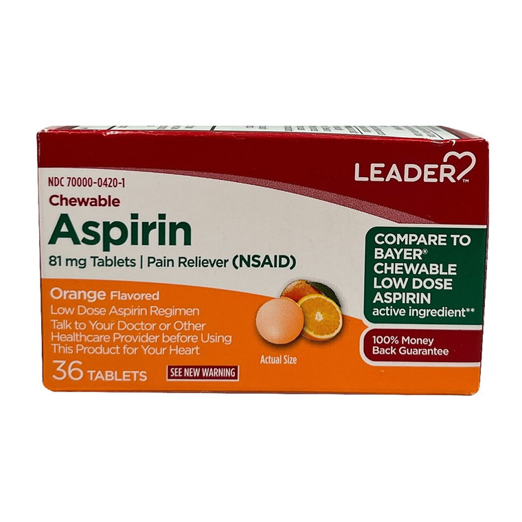 Leader Aspirin Chewable 81 Mg Pain Reliever Tablets, Orange Flavor, 36 Ea
