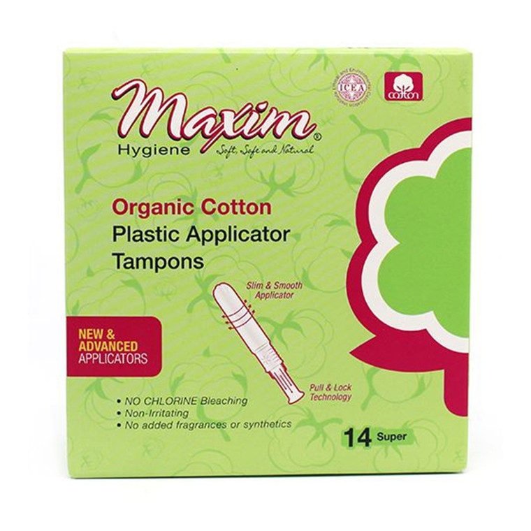 Maxim Organic Cotton Plastic Applicator Tampons, 14 Super, 12 Ea