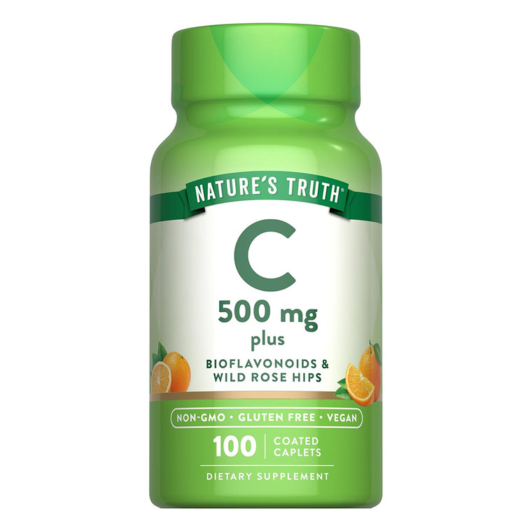 Natures Truth Vitamin C 500mg Plus Bioflavonoids and Rose Hips Coated Caplets Support Immune Health 100Ea