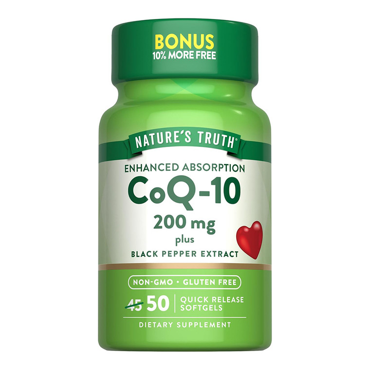 Natures Truth CoQ10 200mg Plus Black Pepper Extract Softgels Support Heart Health 50Ea