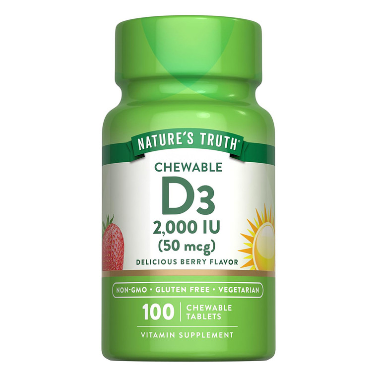Natures Truth Vitamin D3 2000 IU Berry Flavor Chewable Tablets Support Bone and Muscle Health 100Ea