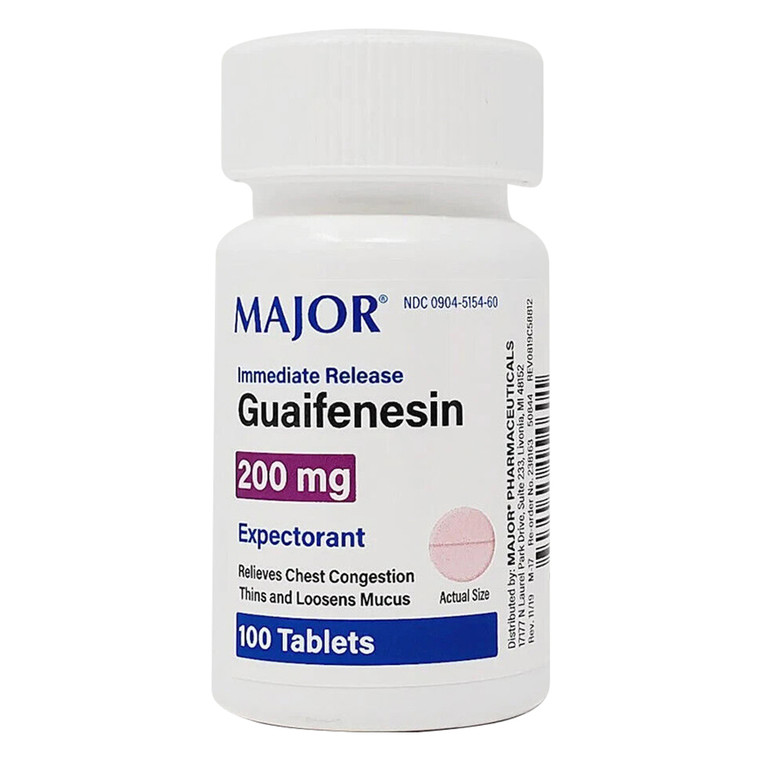 Major Guaifenesin 200mg Expectorant Relieves Chest Congestion Thins and Mucus Relief Tablets 100Ea