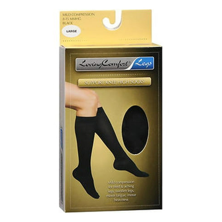 Loving Comfort Support Knee Socks High Stockings 8 to 15Mmhg Closed Toe Women Black, Large, 1 Pair