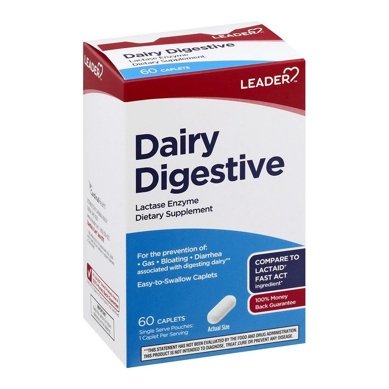 Leader Dairy Digestive Lactase Enzyme Fast Acting Dietary Supplement Caplets, 60 Ea