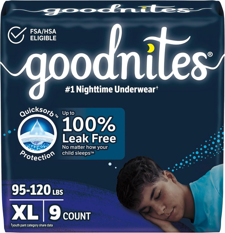 Goodnites Boys Heavy Quicksorb Protection Nighttime Underwear Size Extra Large 9Ea