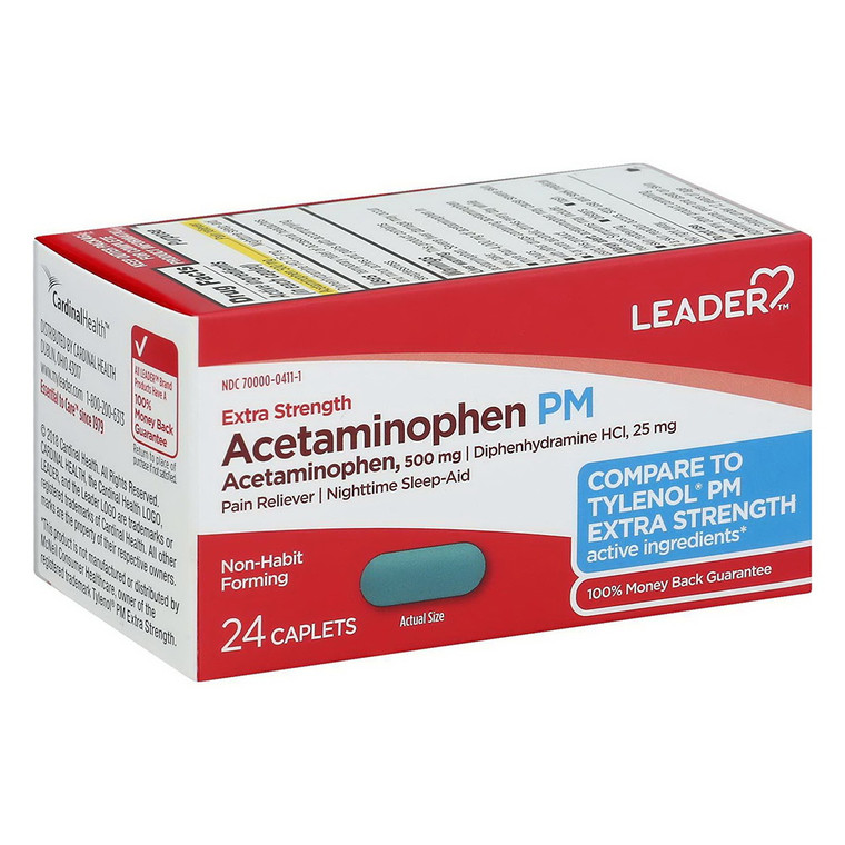 Leader Acetaminophen Pm, Extra Strength Coated Caplets, 24 Ea
