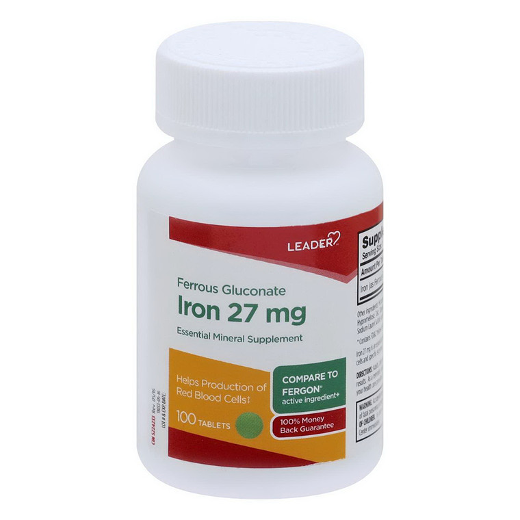 Leader Ferrous Gluconate, Iron 27 Mg Tablets, 100 Ea