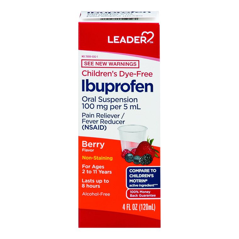 Leader Childrens Dye Free Ibuprofen Liquid, Oral Suspension, Berry Flavor, 4 Oz