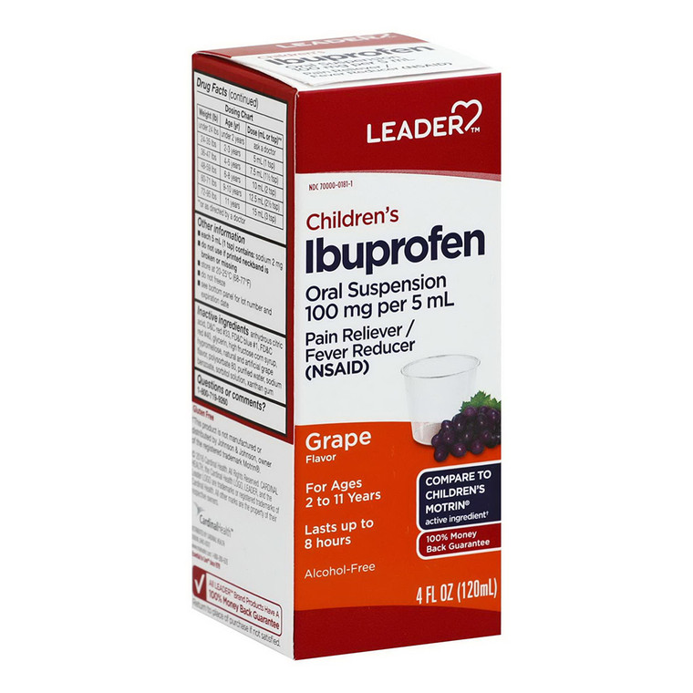 Leader Childrens Ibuprofen Liquid, Grape Flavor, 4 Oz