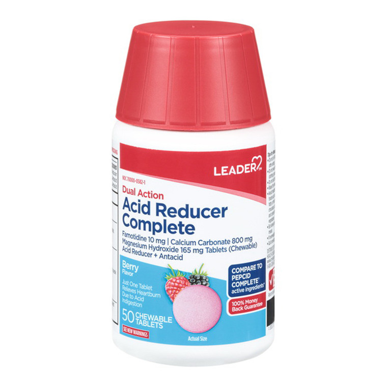Leader Acid Reducer Complete, Dual Action, Berry Flavor, Chewable Tablets, 50 Ea