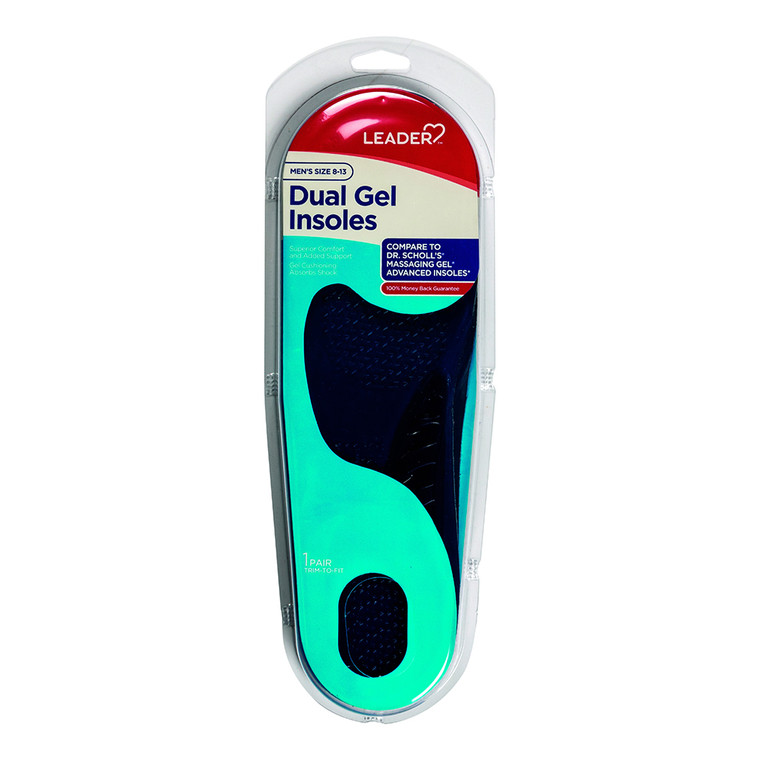 Leader Dual Gel Insoles, Mens Size 8 To 13, 1 Ea