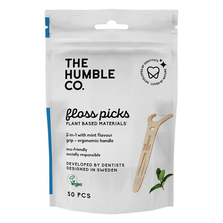 The Humble Co Dental Floss Picks with Grip Handle Mint for Cleaning Between Teeth and Plaque Removal 50Ea