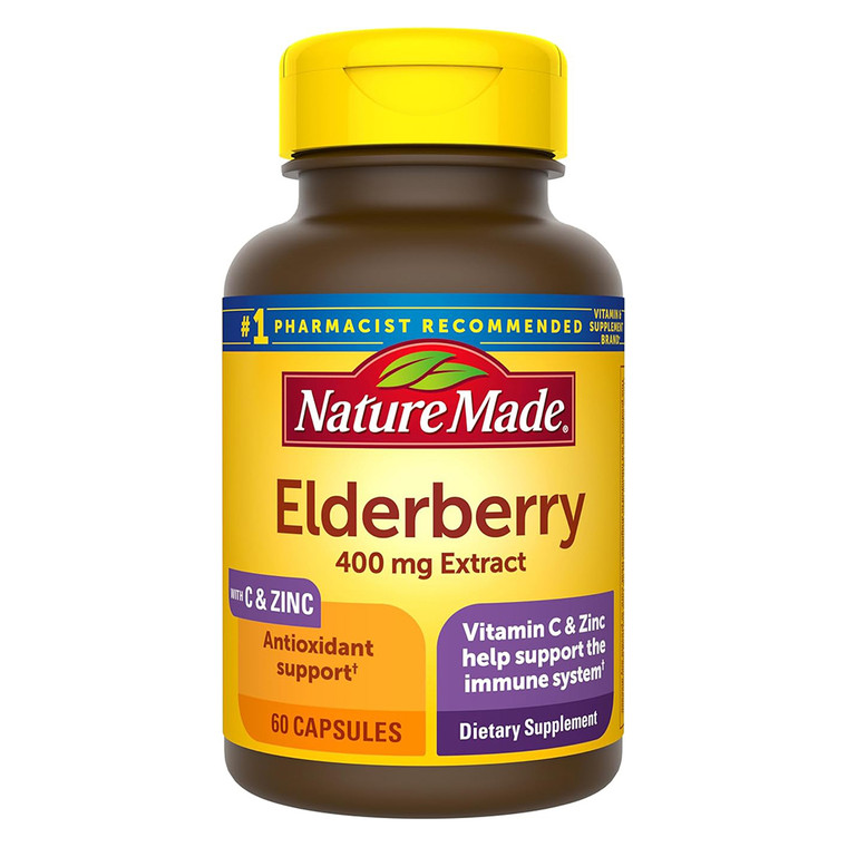 Nature Made Elderberry 400mg Extract Capsules with Vitamin C and Zinc Support Immune Health 60Ea