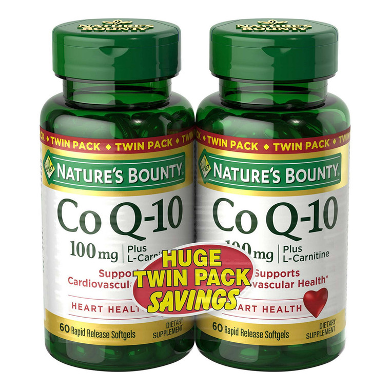 Natures Bounty CoQ10 100mg Plus L Carnitine Softgels Supports Cardiovascular Health Twin Pack 60Ea
