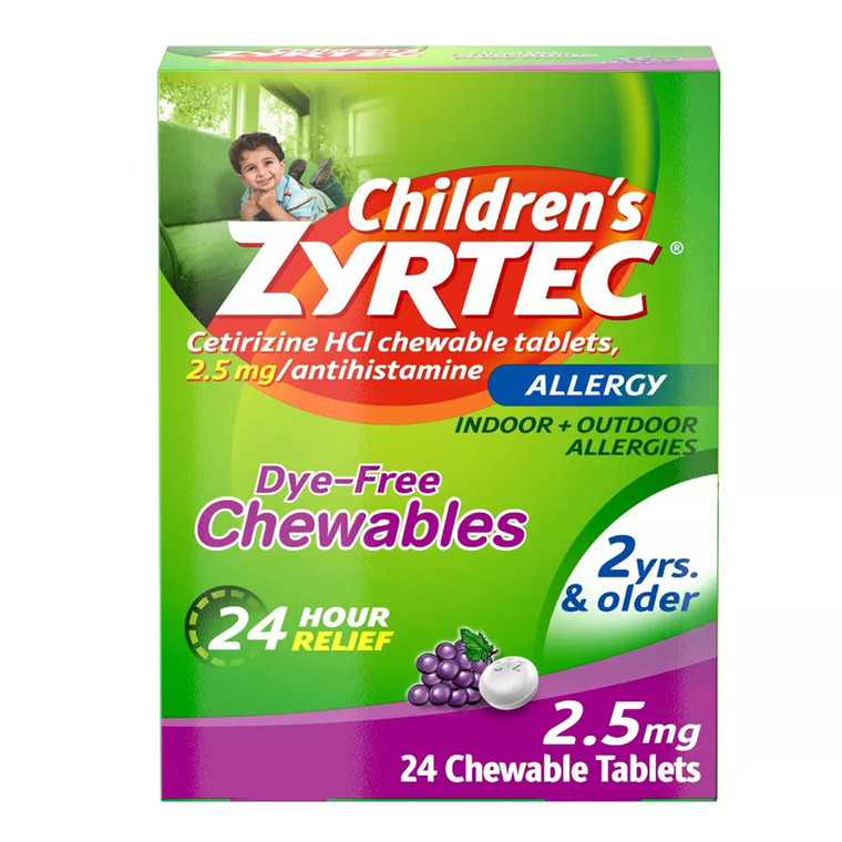 Zyrtec Allergy Chewables Dye Free 2.5 Mg Chewable Tablets, Grape, 24 Ea