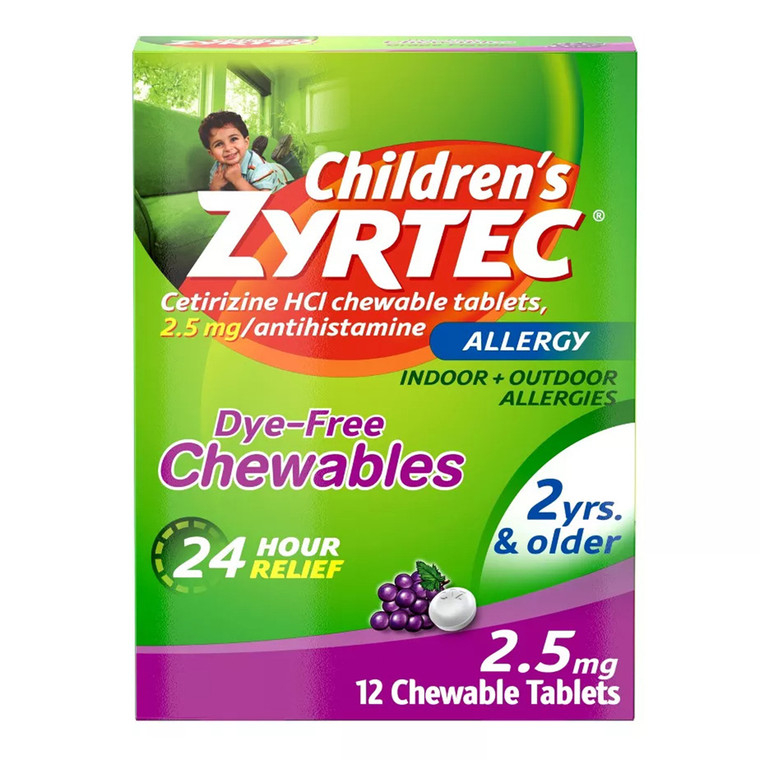 Zyrtec Allergy Chewables Dye Free 2.5 Mg Chewable Tablets, Grape, 12 Ea