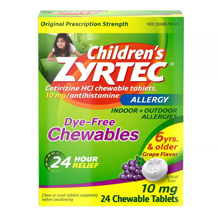 Zyrtec Allergy Dye Free Chewables 10 Mg Chewable Tablets, Grape, 24 Ea