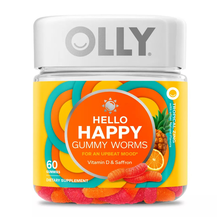 Olly Hello Happy Gummy Worms With Vitamin D Saffron Chewable Supplement, Tropical Zing, 60 Ea