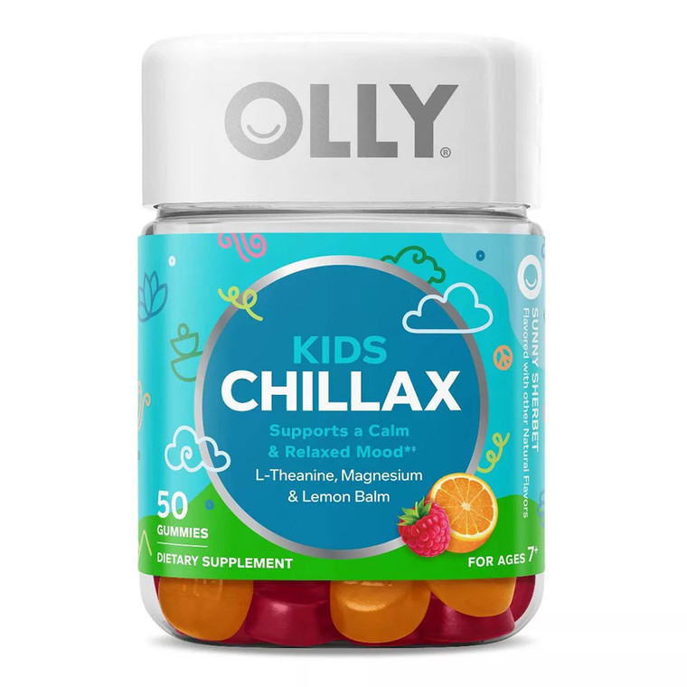 Olly Kids Chillax Gummies with Magnesium and Lemon Balm Sunny Sherbet Flavor Support Calm and Relax Mood 50Ea