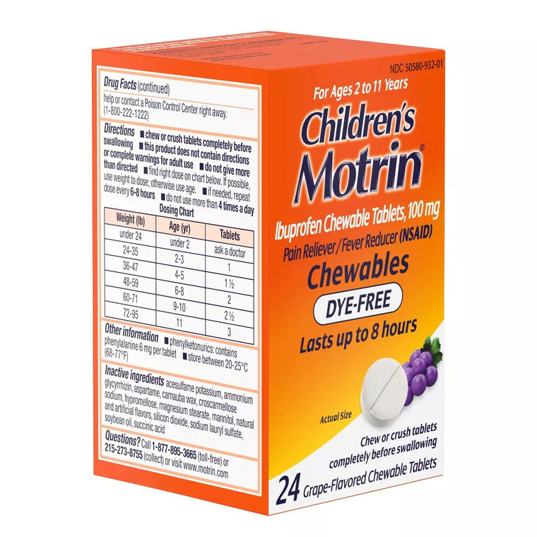 Childrens Motrin Dye Free Pain Reliever And Fever Reducer ChewableTablets, Grape Flavor, 24 Ea